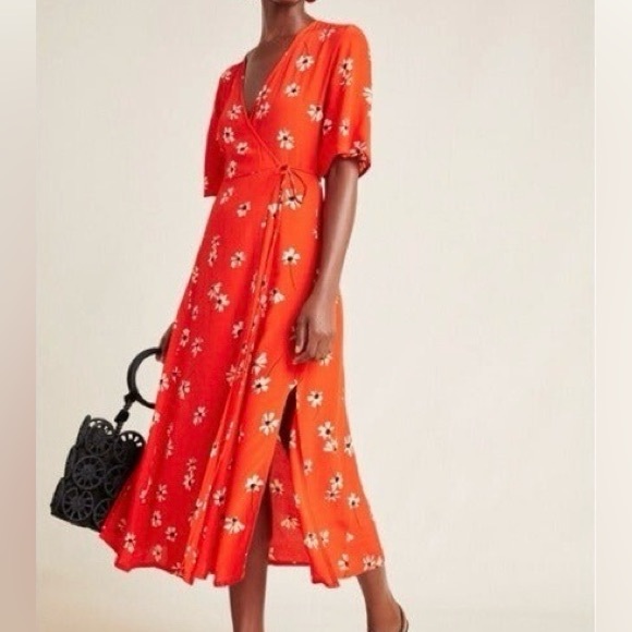 Faithfull The Brand x Anthropologie Red Rivera Floral Midi Wrap Dress - Picture 1 of 8